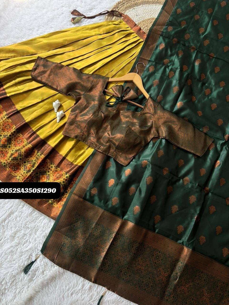 Yellow and Green Pongal Kanjivaram Pure Zari Half Saree Lehenga Set